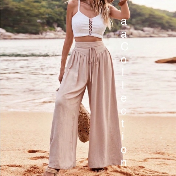 Boho High Waist Elastic Wide Leg Waistband Palazzo Pants - Picture 1 of 3